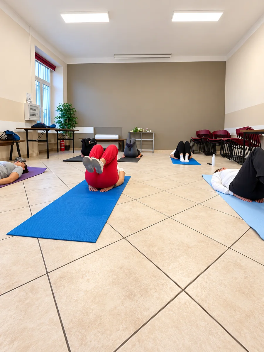 Lezione di Pilates: il gruppo in plank sui tappetini